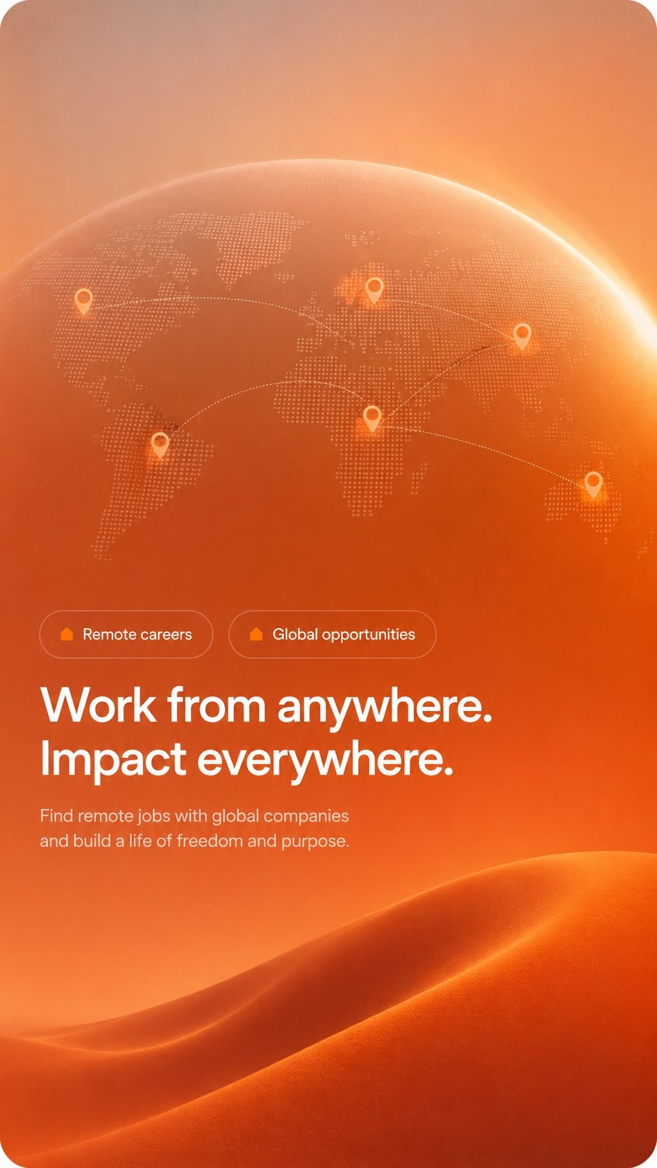 Glowing globe with connected remote work locations over a desert horizon, representing global remote opportunities