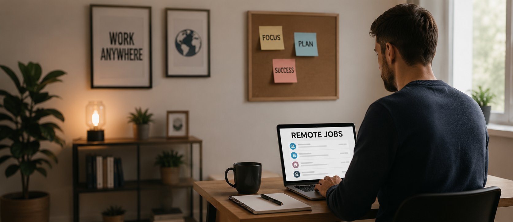 Person working on a laptop displaying a Remote Jobs listings screen in a cozy home office